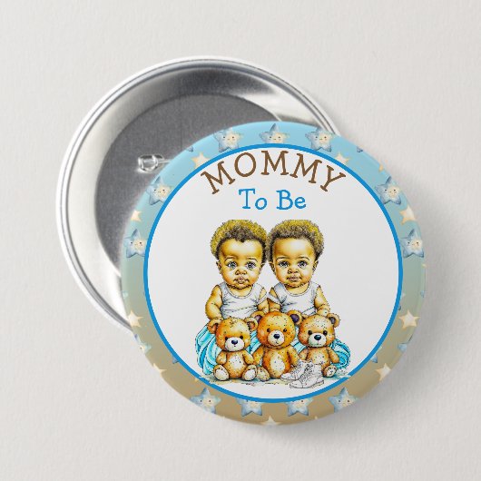 アフリカ系アメリカ人ツイン・ボーイの赤ちゃんシャワーのお母さん 缶バッジ (正面&裏面)