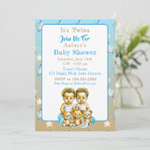 アフリカ系アメリカ人ツイン・ボーイの青い赤ちゃんシャワー 招待状 (スタンド正面)