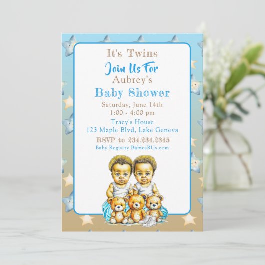 アフリカ系アメリカ人ツイン・ボーイの青い赤ちゃんシャワー 招待状 (スタンド正面)
