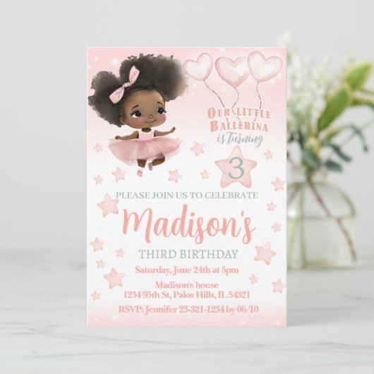 アフリカ系アメリカ人バレリーナ誕生日の招待状 招待状 (スタンド正面)