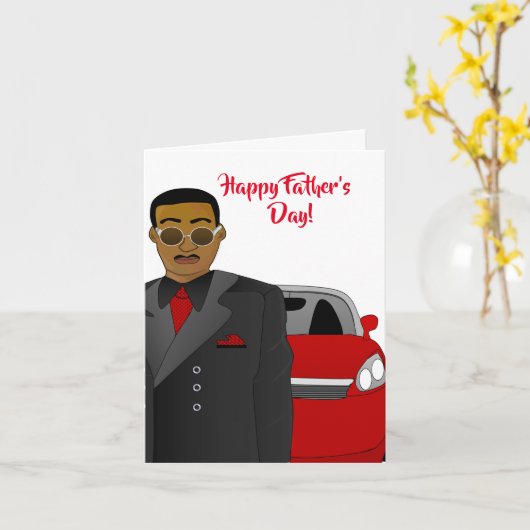アフリカ系アメリカ人パパスーツ、ネクタイ、車の父の日 カード (黄色い花)