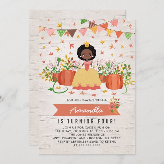 アフリカ系アメリカ人パンプキンプリンセス誕生日パーティー 招待状 (正面/裏面)