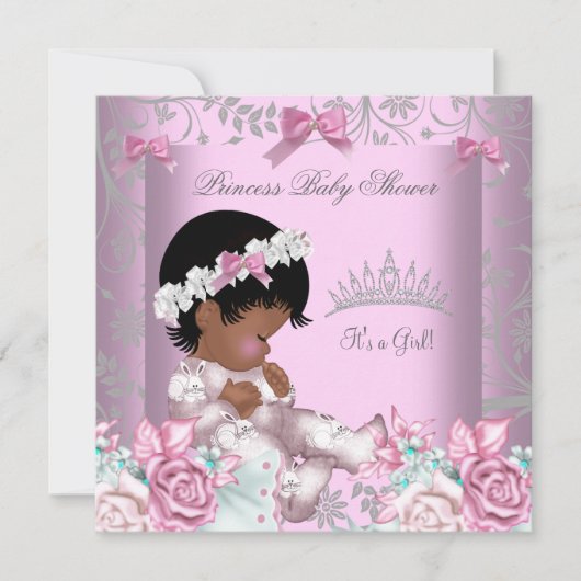 アフリカ系アメリカ人ピンクとグレーの赤ちゃんシャワーガール3 招待状 (正面)