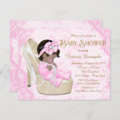 アフリカ系アメリカ人ピンクパールレースシューズ赤ちゃんシャワー 招待状 (正面/裏面)