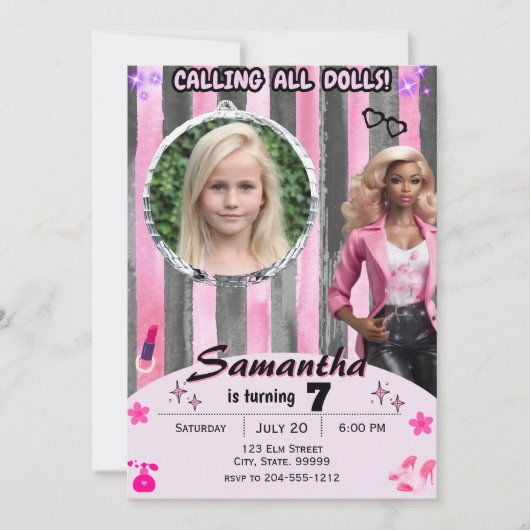 アフリカ系アメリカ人ファッション人形誕生日 招待状 (正面)