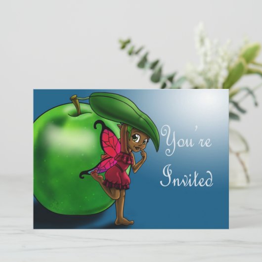 アフリカ系アメリカ人フェアリー&グリーンアップル誕生日 招待状 (スタンド正面)