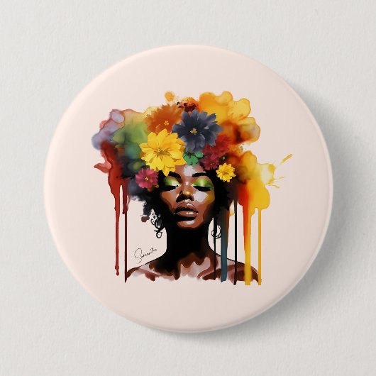 アフリカ系アメリカ人フローラ・アフロヘア 缶バッジ (正面)