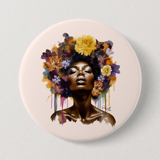 アフリカ系アメリカ人フローラ・アフロヘア(3) 缶バッジ (正面)