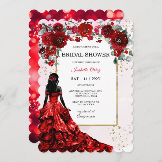 アフリカ系アメリカ人ブライダルシャワーレッドと金ゴールド 招待状 (正面/裏面)