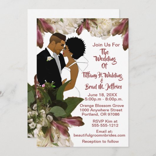 アフリカ系アメリカ人ブルゴーニュ&ホワイトフローラ結婚ズ 招待状 (正面/裏面)