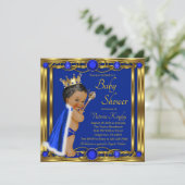 アフリカ系アメリカ人ブルー金ゴールドプリンスベビーシャワー 招待状 (スタンド正面)