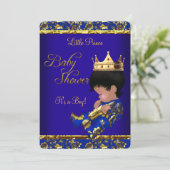 アフリカ系アメリカ人プリンスベビーシャワーブルー金ゴールド少年 招待状 (スタンド正面)