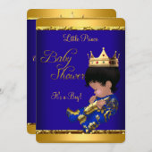 アフリカ系アメリカ人プリンスベビーシャワーブルー金ゴールド少年 招待状 (正面/裏面)