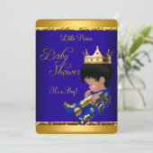 アフリカ系アメリカ人プリンスベビーシャワーブルー金ゴールド少年 招待状 (スタンド正面)