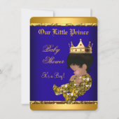 アフリカ系アメリカ人プリンスベビーシャワーブルー金ゴールド少年 招待状 (正面)