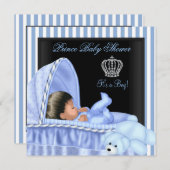 アフリカ系アメリカ人プリンスベビーシャワーボーイバシネット 招待状 (正面/裏面)