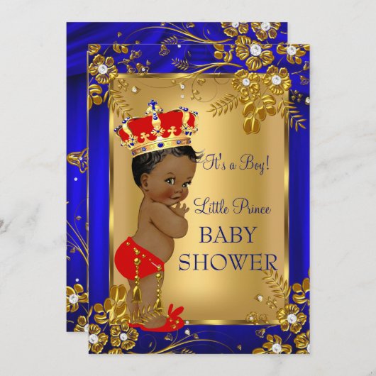 アフリカ系アメリカ人プリンスベビーシャワー金ゴールド赤DD1 招待状 (正面/裏面)