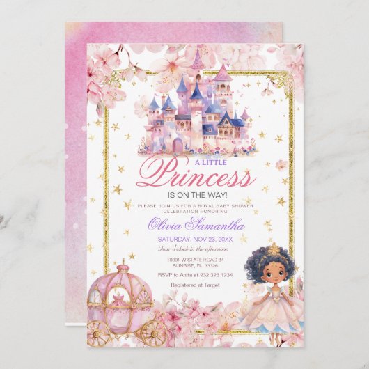 アフリカ系アメリカ人プリンセスガールガールキャッスルベビーシャワー 招待状 (正面/裏面)
