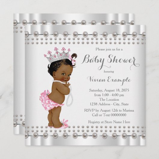 アフリカ系アメリカ人プリンセスパールベビーシャワー 招待状 (正面/裏面)