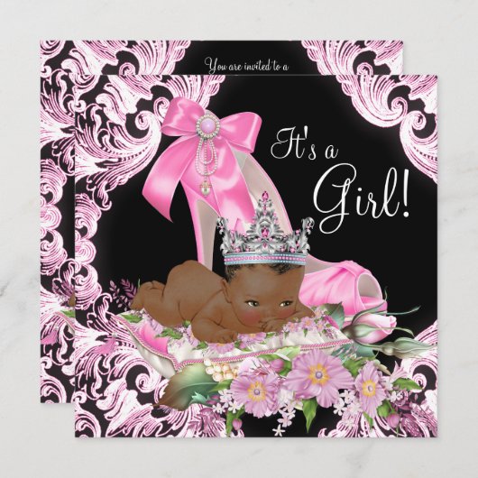 アフリカ系アメリカ人プリンセスピンクブラックベビーシャワー 招待状 (正面/裏面)