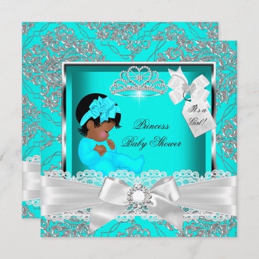 アフリカ系アメリカ人プリンセスベビーシャワーガールティール(緑がかった色) 招待状 (正面/裏面)