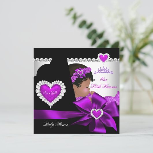 アフリカ系アメリカ人プリンセスベビーシャワーガールパープル 招待状 (スタンド正面)