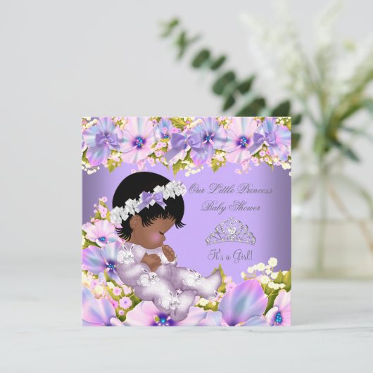アフリカ系アメリカ人プリンセスベビーシャワーガールパープル 招待状 (スタンド正面)