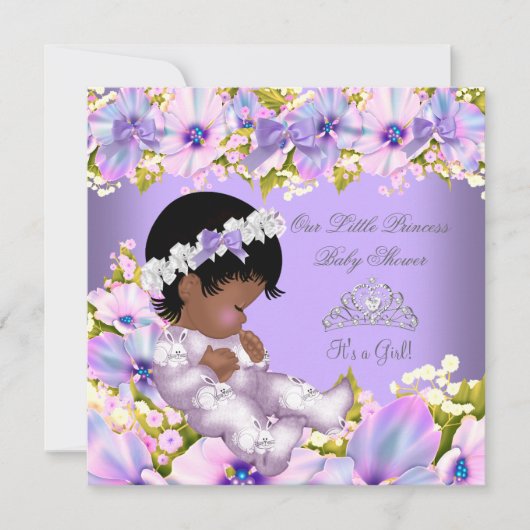 アフリカ系アメリカ人プリンセスベビーシャワーガールパープル 招待状 (正面)