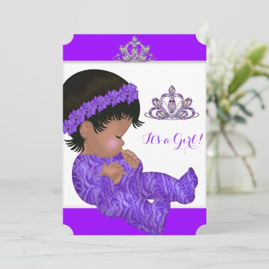 アフリカ系アメリカ人プリンセスベビーシャワーガールパープル 招待状 (スタンド正面)