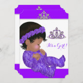 アフリカ系アメリカ人プリンセスベビーシャワーガールパープル 招待状 (正面/裏面)