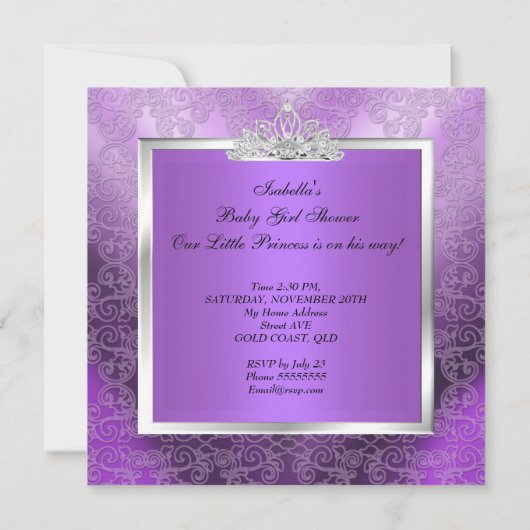 アフリカ系アメリカ人プリンセスベビーシャワーガールパープル 招待状 (裏面)