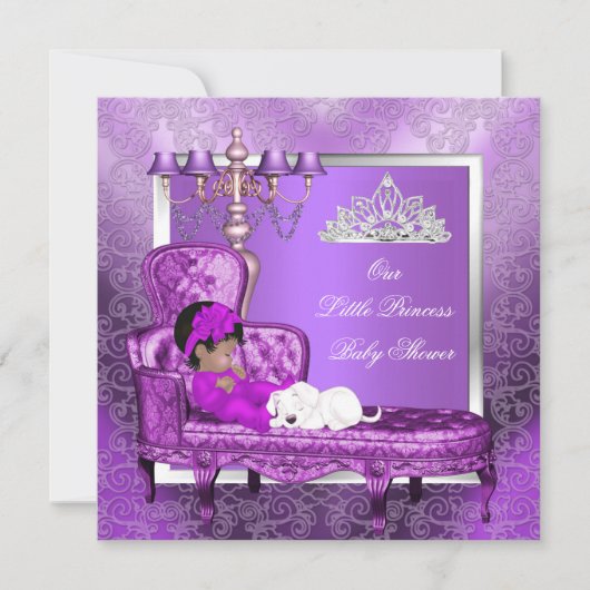 アフリカ系アメリカ人プリンセスベビーシャワーガールパープル 招待状 (正面)