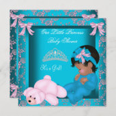 アフリカ系アメリカ人プリンセスベビーシャワーティール（緑がかった色）ピンク 招待状 (正面/裏面)