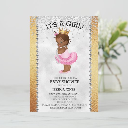 アフリカ系アメリカ人プリンセス金ゴールドダイヤモンドベビーシャワー 招待状 (スタンド正面)
