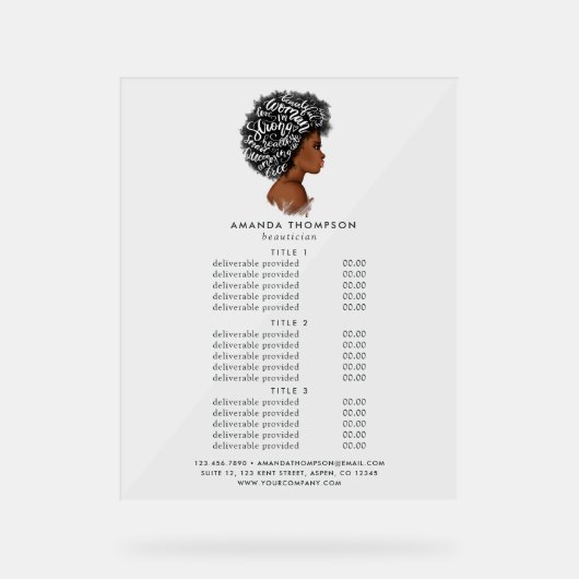 アフリカ系アメリカ人ヘアサロン価格とサービス アクリルサイン (正面)