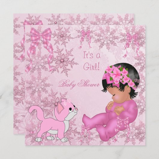 アフリカ系アメリカ人ベイビーシャワーガールキッテンピンク 招待状 (正面/裏面)