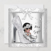 アフリカ系アメリカ人ベイビーシャワーガールグレイ白い靴 招待状 (正面)
