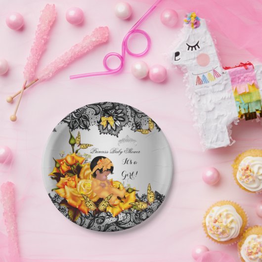 アフリカ系アメリカ人ベイビーシャワーガールバタフライイエロー ペーパープレート (パーティー)
