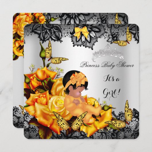 アフリカ系アメリカ人ベイビーシャワーガールバタフライイエロー 招待状 (正面/裏面)