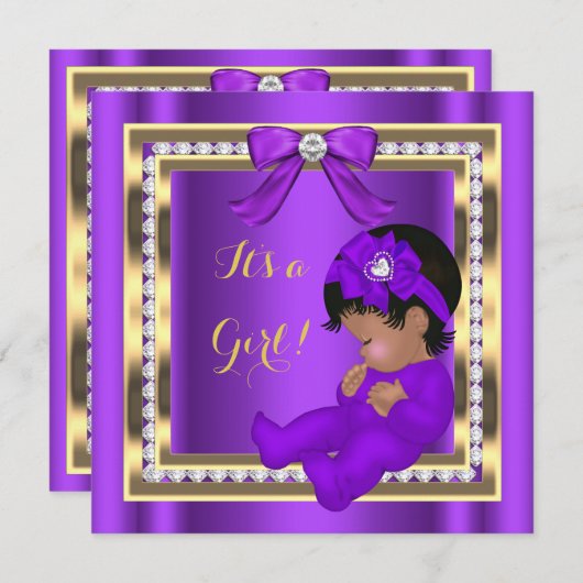 アフリカ系アメリカ人ベイビーシャワーガールパープルダイヤモンド 招待状 (正面/裏面)