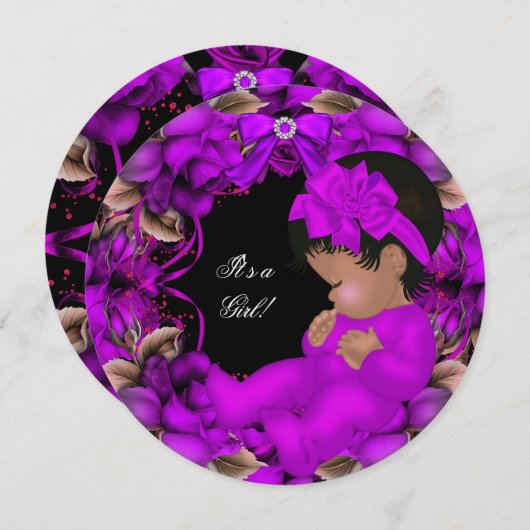 アフリカ系アメリカ人ベイビーシャワーガールパープルバラR3 招待状 (正面/裏面)