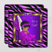 アフリカ系アメリカ人ベイビーシャワーガールパープルピンク 招待状 (正面/裏面)