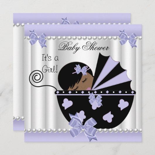 アフリカ系アメリカ人ベイビーシャワーガールパープルホワイト 招待状 (正面/裏面)
