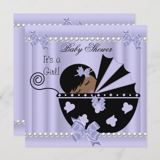 アフリカ系アメリカ人ベイビーシャワーガールパープル 招待状 (正面/裏面)