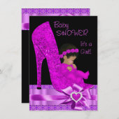 アフリカ系アメリカ人ベイビーシャワーガールピンクパープルシューズ 招待状 (正面/裏面)