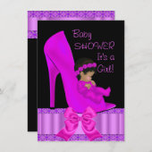 アフリカ系アメリカ人ベイビーシャワーガールピンクパープルシューズ 招待状 (正面/裏面)