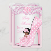 アフリカ系アメリカ人ベイビーシャワーガールピンクベビー靴 招待状 (正面/裏面)