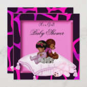 アフリカ系アメリカ人ベイビーシャワーガールホットピンクベア 招待状 (正面/裏面)