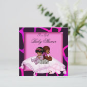 アフリカ系アメリカ人ベイビーシャワーガールホットピンクベア 招待状 (スタンド正面)