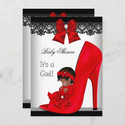 アフリカ系アメリカ人ベイビーシャワーガールレッドシューレース 招待状 (正面/裏面)